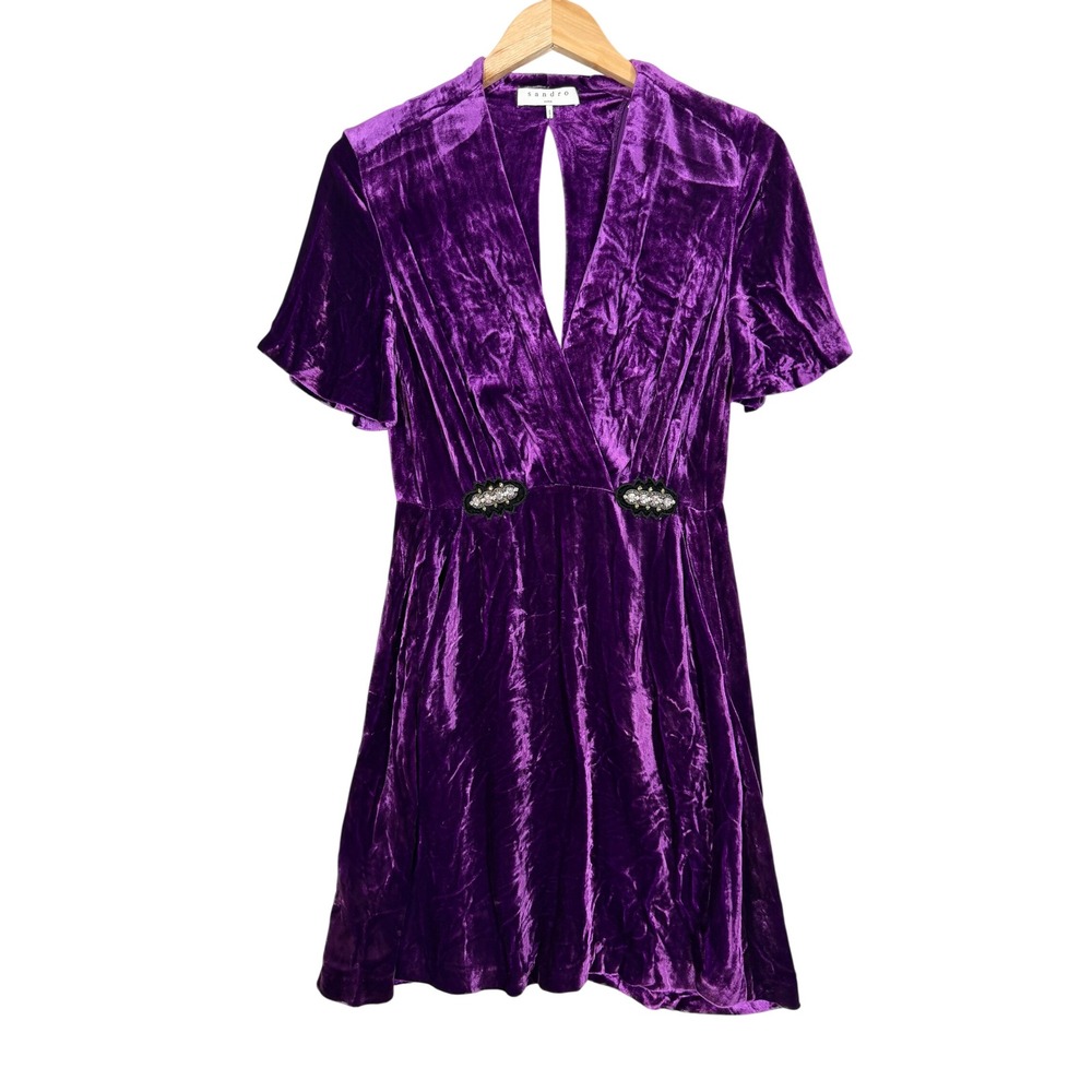 Sandro Velvet Mini Dress 1 EU/US‎ 2-4 Purple Jewel Embellish Keyhole Back Rave